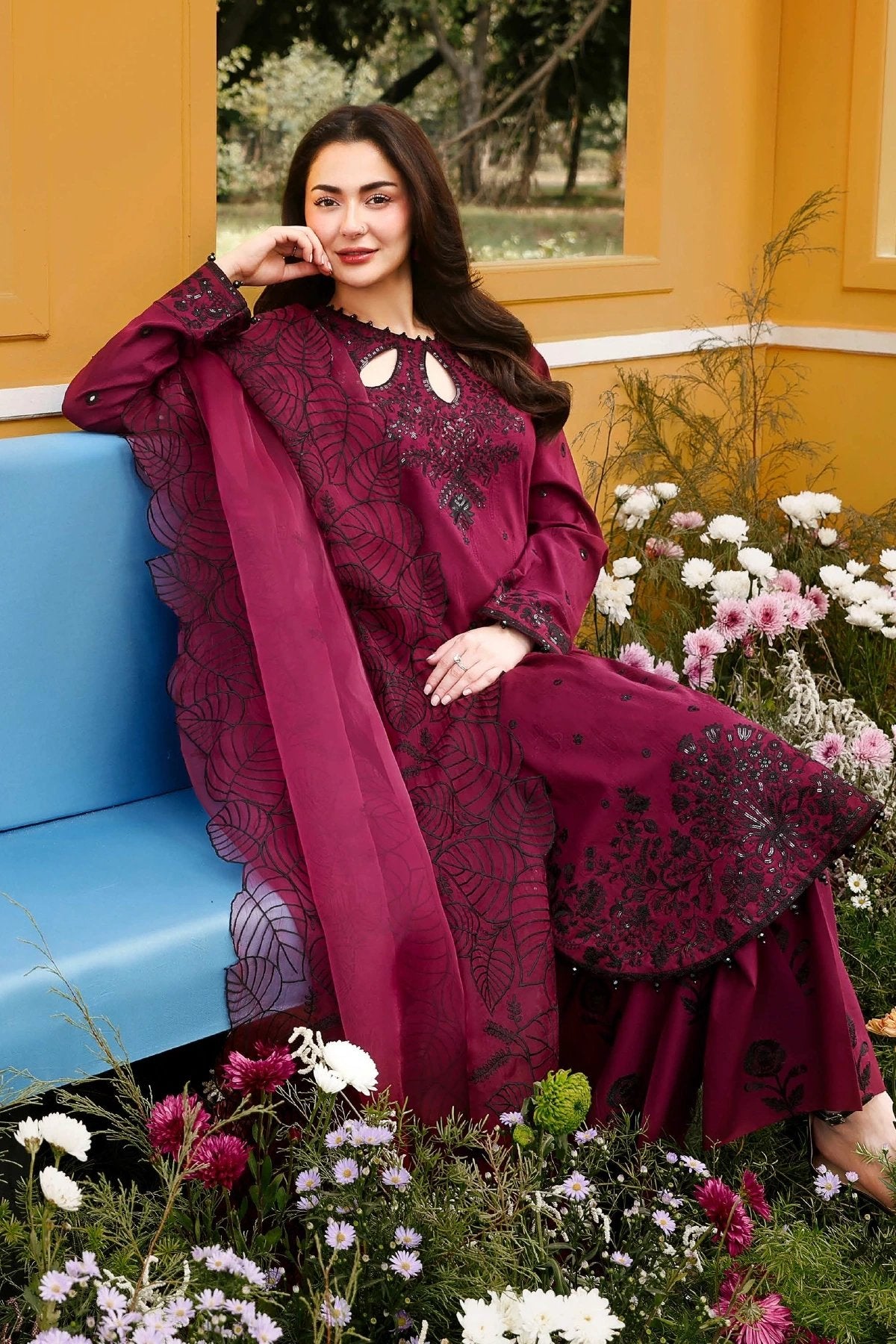 Wine Maroon Luxury Embroidered Eid Suit with Organza Dupatta – MTF7