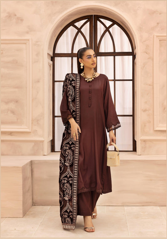 Hanna Dhanak 3PC Embroidered Readymade Suit with Velvet Shawl SHD23