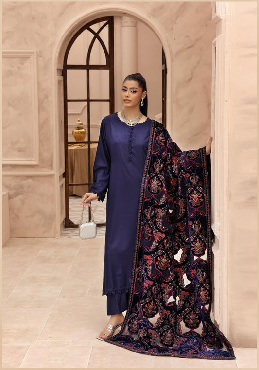 Hanna Dhanak 3PC Embroidered Readymade Suit with Velvet Shawl SHD24