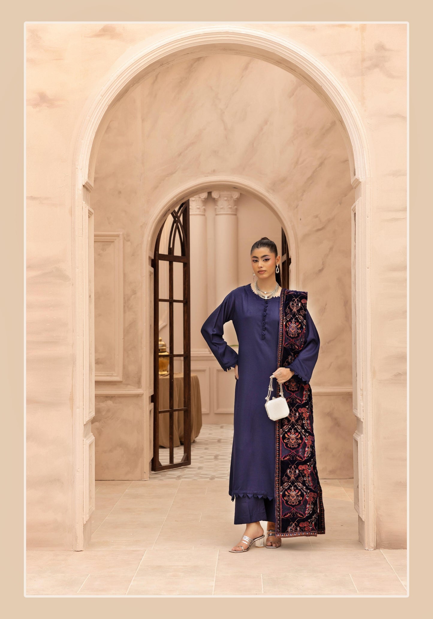 Hanna Dhanak 3PC Embroidered Readymade Suit with Velvet Shawl SHD24