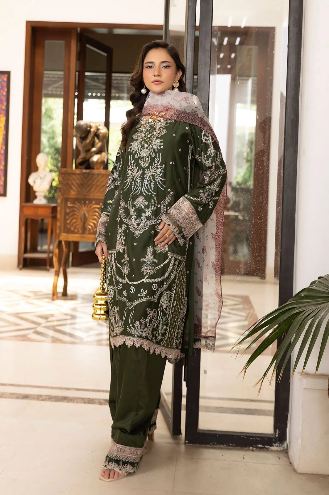 Simrans premium 3 piece farshi shalwar embroidered collection BK 01