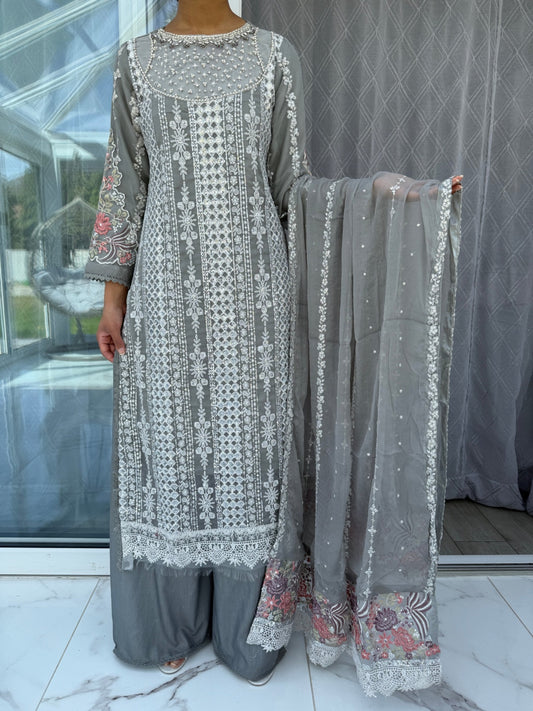 Elegant Embroidered Pakistani Suit | Palazzo Bottom & Elegant Floral Dupatta CK12