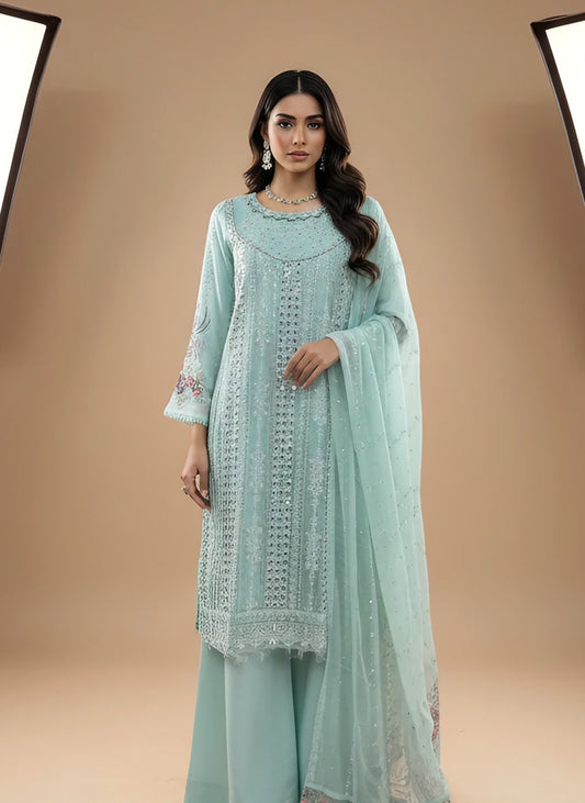 Elegant Embroidered Pakistani Suit | Palazzo Bottom & Elegant Floral Dupatta CK11