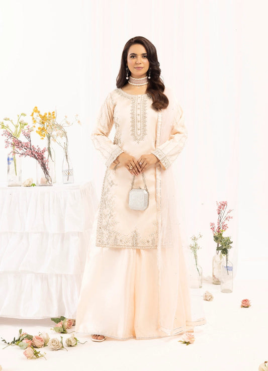 Simrans Ladies Raw Silk 3 Piece Sharara Wedding Outfit Peach 131301