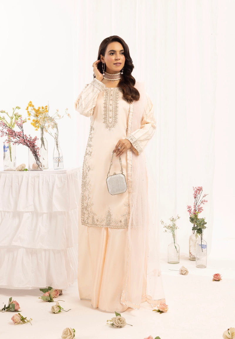 Simrans Ladies Raw Silk 3 Piece Sharara Wedding Outfit Peach 131301