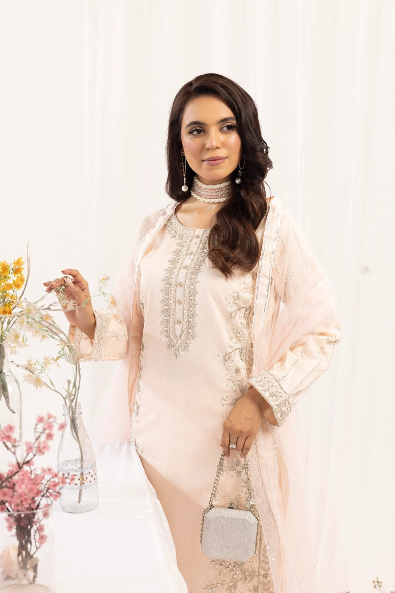 Simrans Ladies Raw Silk 3 Piece Sharara Wedding Outfit Peach 131301