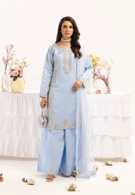 Simrans Ladies Raw Silk 3 Piece Sharara Wedding Outfit Blue 131303