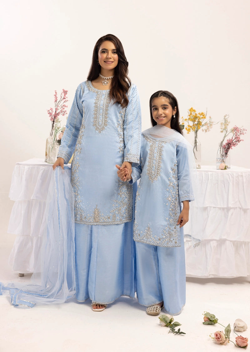 Simrans Ladies Raw Silk 3 Piece Sharara Wedding Outfit Blue 131303
