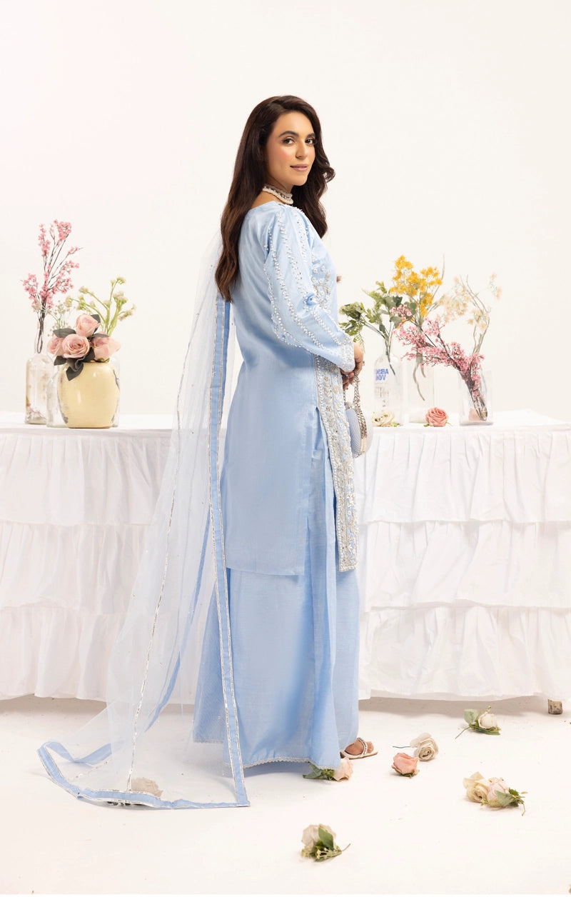 Simrans Ladies Raw Silk 3 Piece Sharara Wedding Outfit Blue 131303