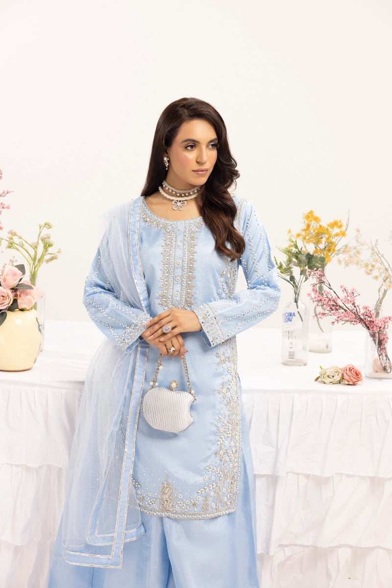 Simrans Ladies Raw Silk 3 Piece Sharara Wedding Outfit Blue 131303