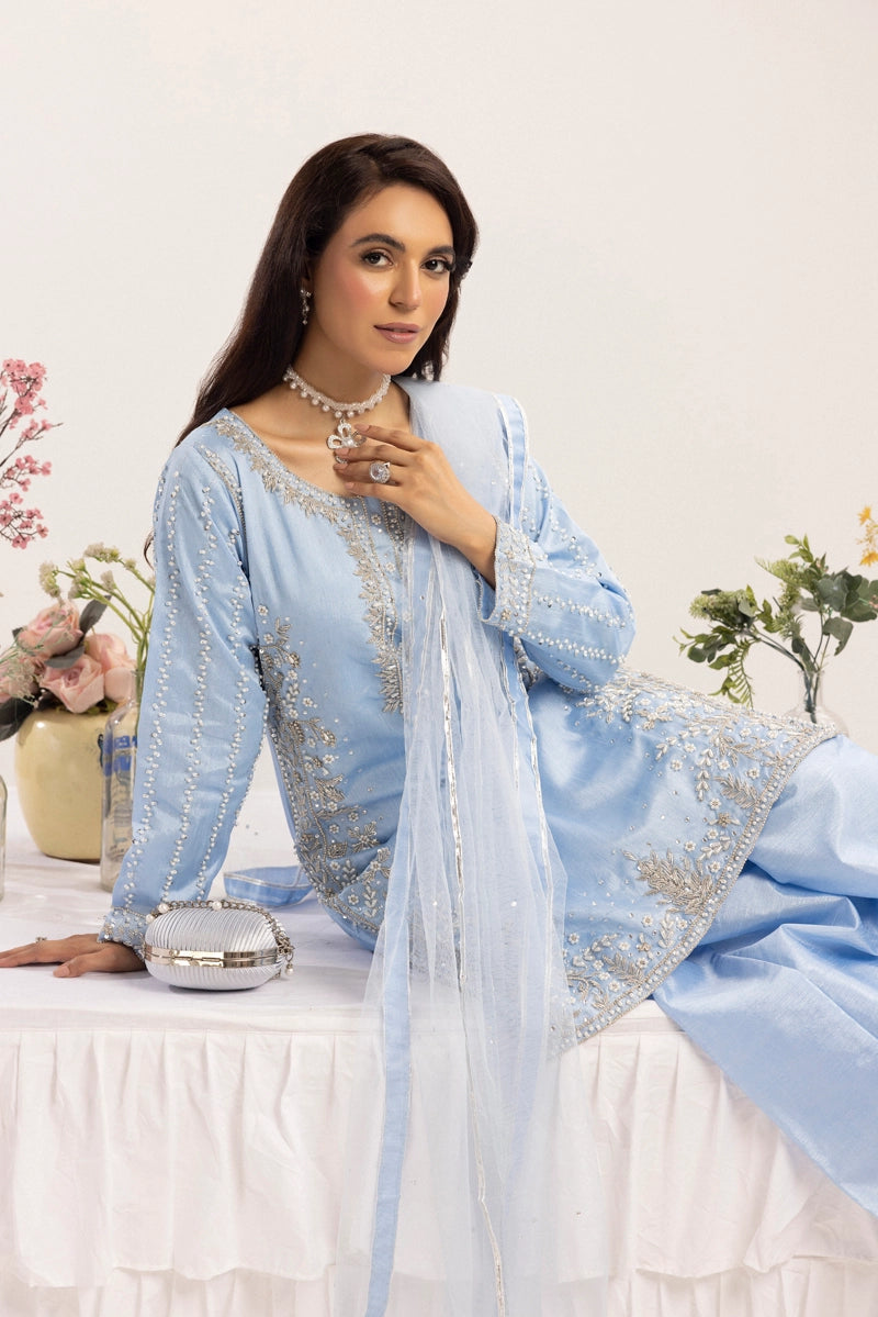 Simrans Ladies Raw Silk 3 Piece Sharara Wedding Outfit Blue 131303