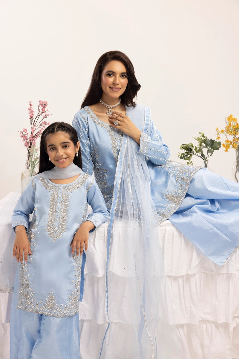 Simrans Ladies Raw Silk 3 Piece Sharara Wedding Outfit Blue 131303