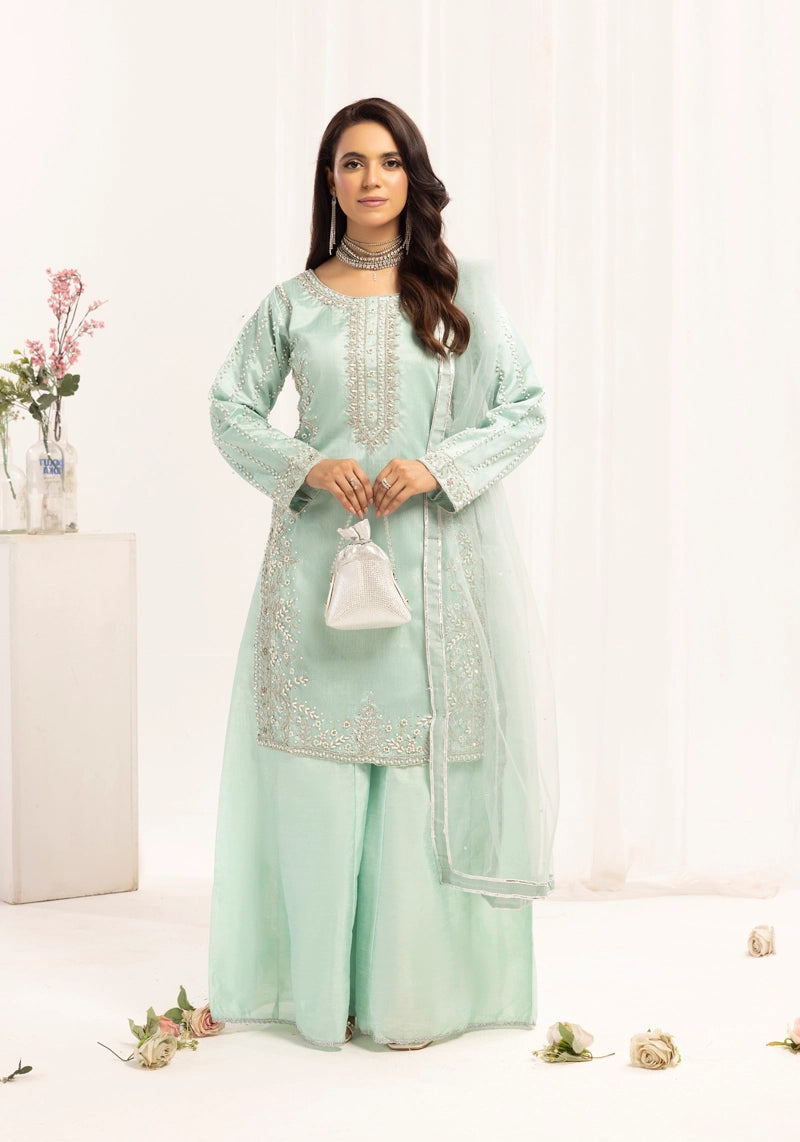 Simrans Ladies Raw Silk 3 Piece Sharara Wedding Outfit Green 131304