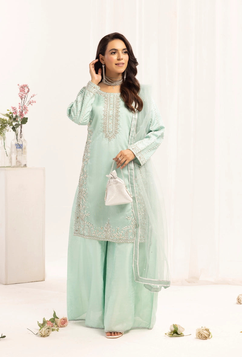 Simrans Ladies Raw Silk 3 Piece Sharara Wedding Outfit Green 131304