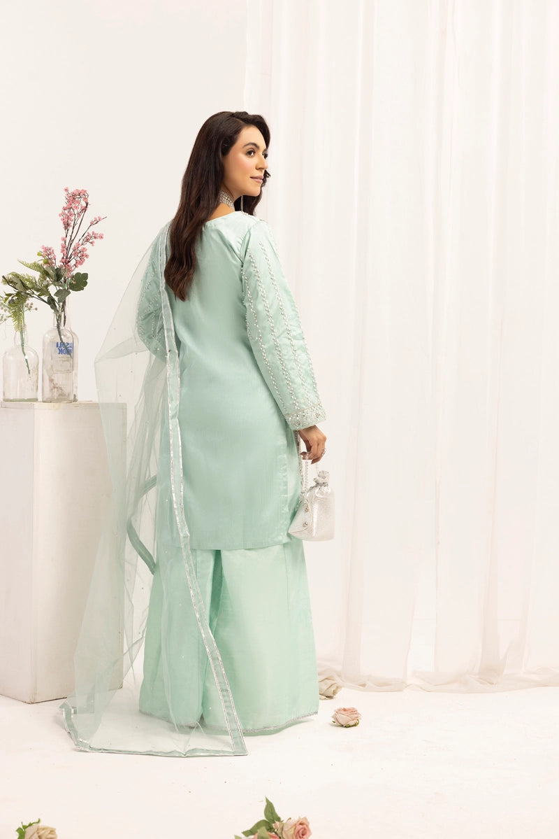 Simrans Ladies Raw Silk 3 Piece Sharara Wedding Outfit Green 131304