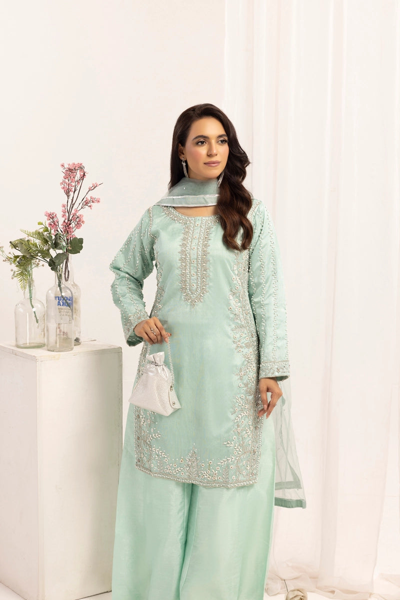 Simrans Ladies Raw Silk 3 Piece Sharara Wedding Outfit Green 131304