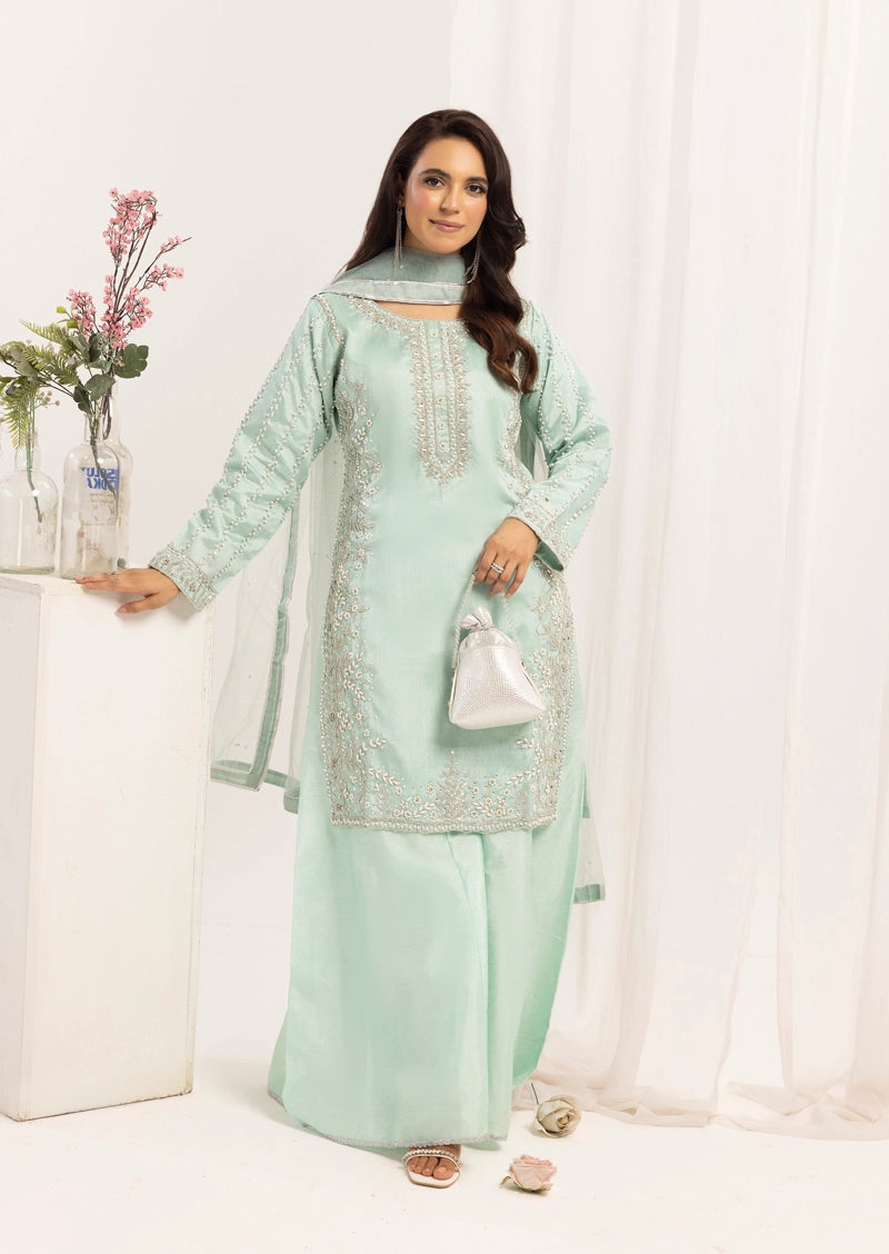 Simrans Ladies Raw Silk 3 Piece Sharara Wedding Outfit Green 131304