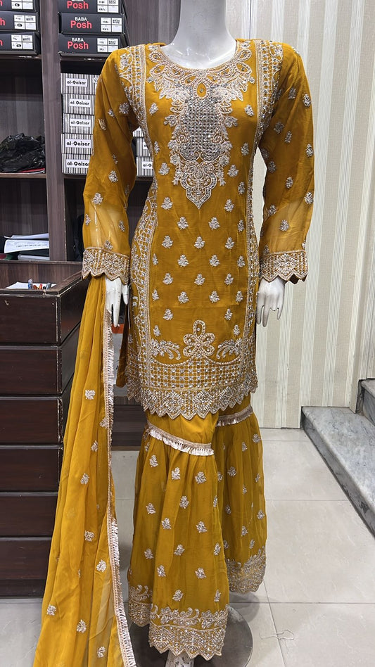 Shazaib Embroidered Chiffon 3-Piece – Mummy & Me Ledies yellow OutfitSHZ01