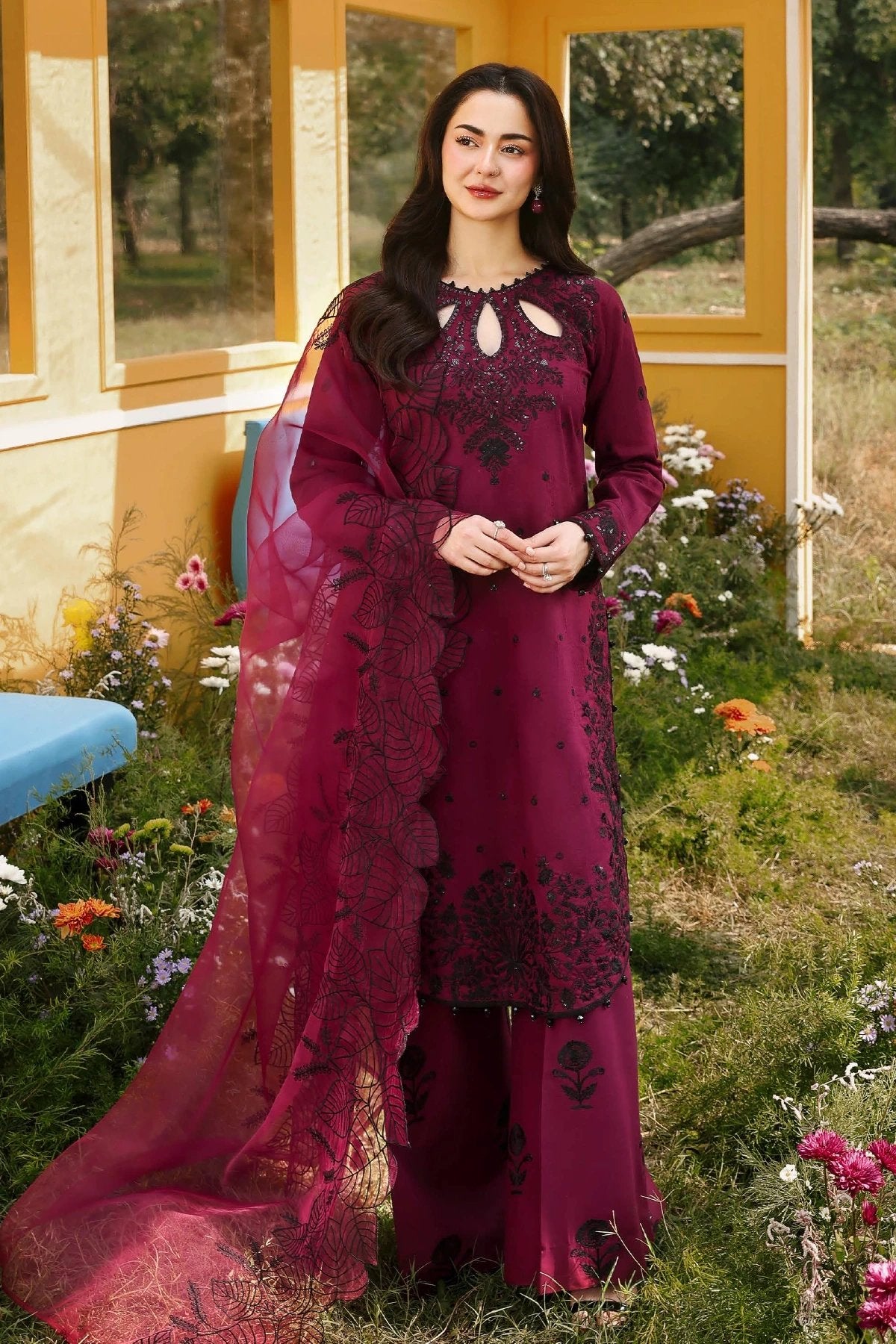 Wine Maroon Luxury Embroidered Eid Suit with Organza Dupatta – MTF7