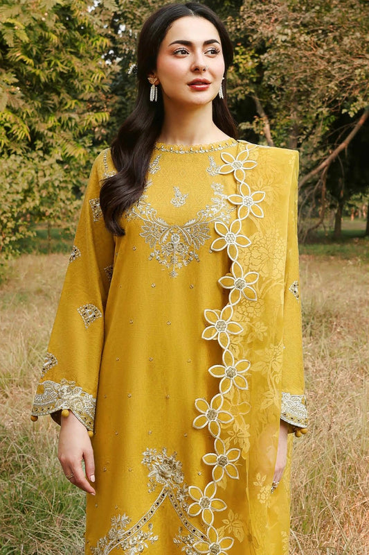 Mustard Gold Festive Embroidered Eid Suit with Organza Dupatta – MTF5