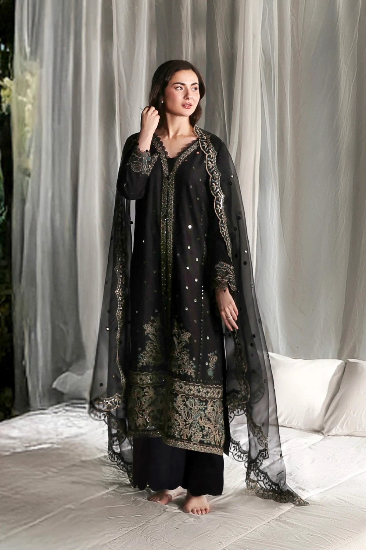 Midnight Black Luxury Embroidered Eid Suit with Organza Dupatta – MTF4