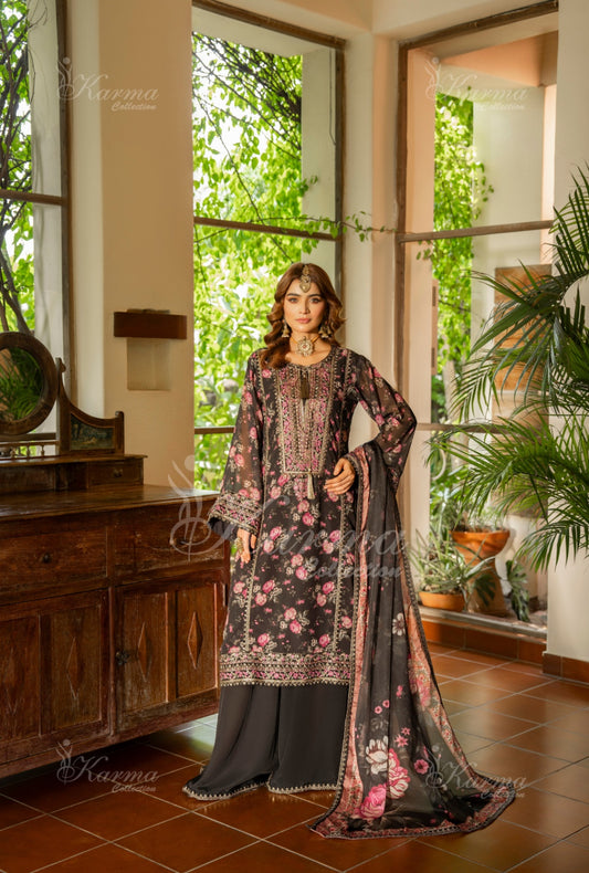 Karma Embroidered Chiffon Shirt with Matte Thread Work KNC 05