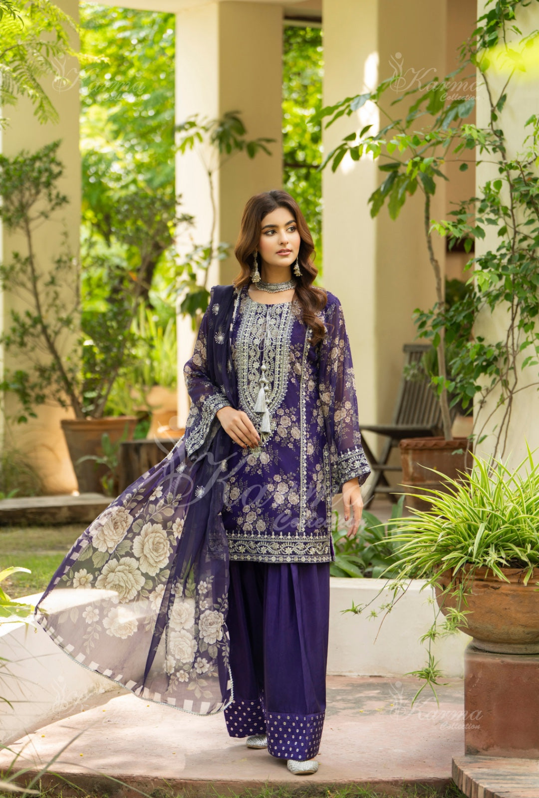 Karma Embroidered Chiffon Shirt with Matte Thread Work KNC12