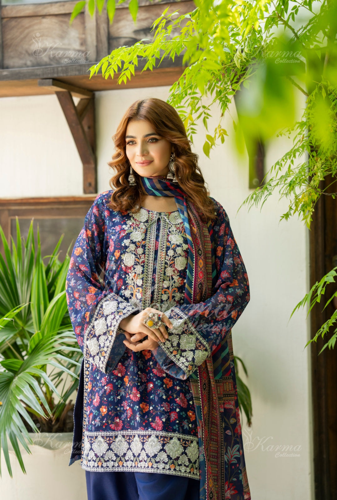 Karma Embroidered Chiffon Shirt with Matte Thread Work KNC 06