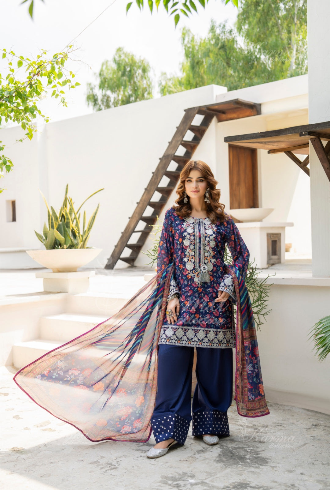 Karma Embroidered Chiffon Shirt with Matte Thread Work KNC 06