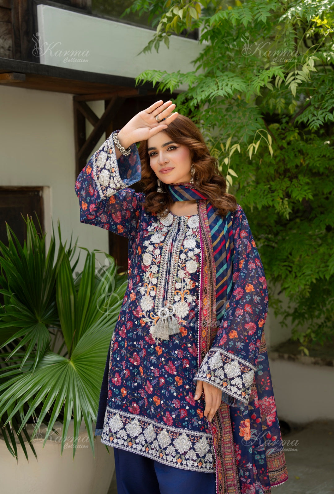Karma Embroidered Chiffon Shirt with Matte Thread Work KNC 06