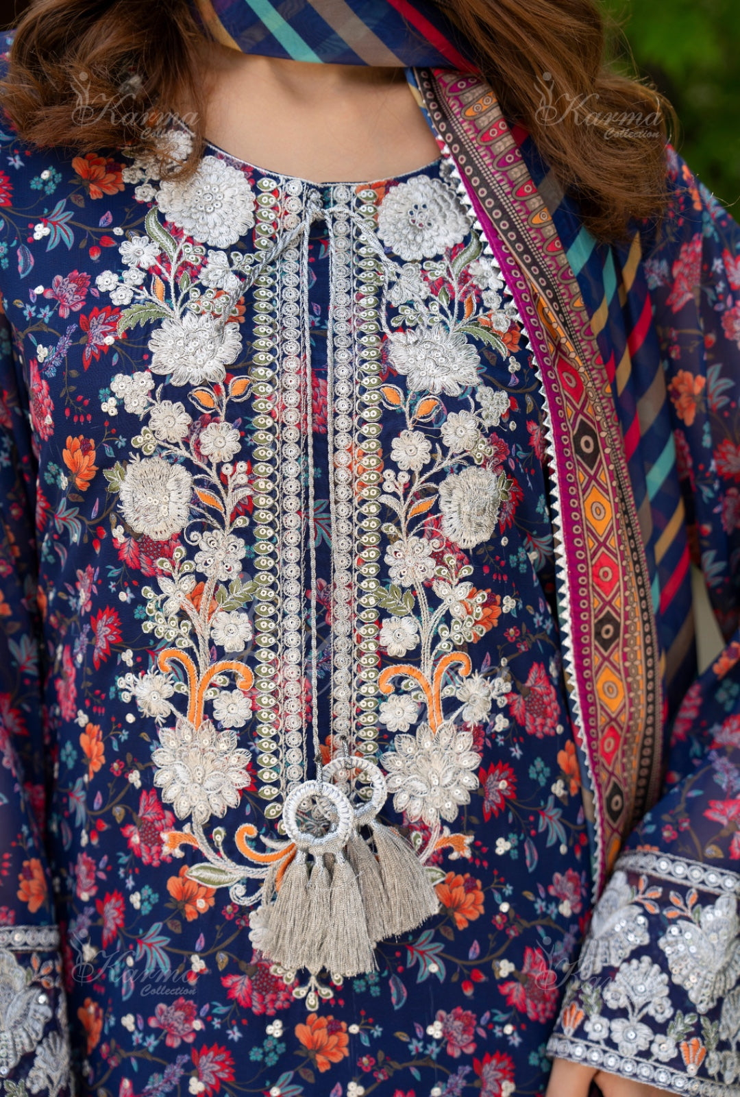 Karma Embroidered Chiffon Shirt with Matte Thread Work KNC 06