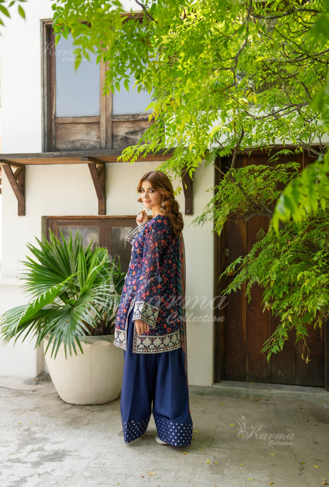 Karma Embroidered Chiffon Shirt with Matte Thread Work KNC 06