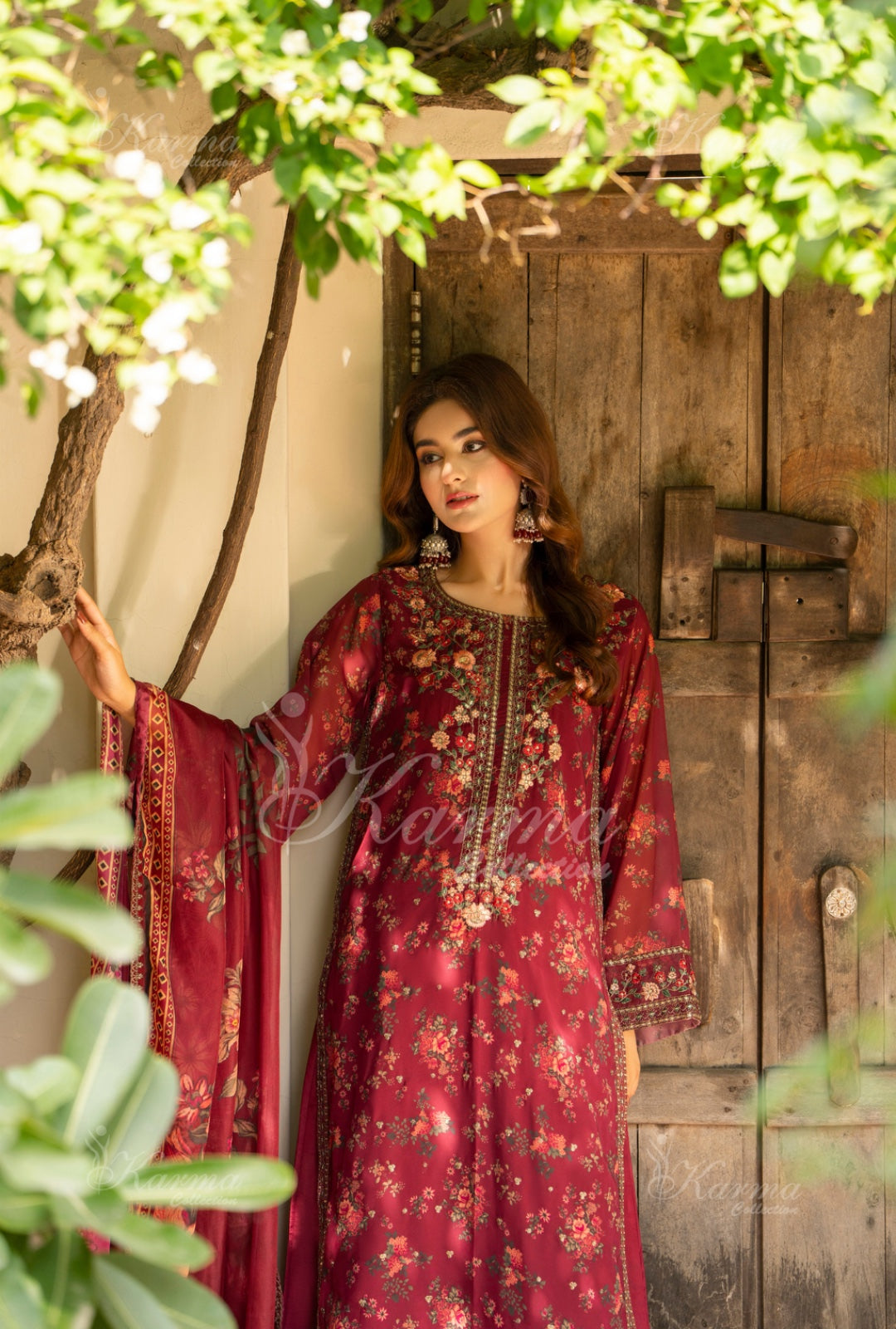 Karma Embroidered Chiffon Shirt with Matte Thread Work KNC 07