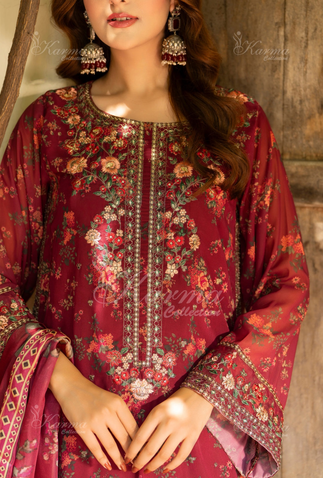 Karma Embroidered Chiffon Shirt with Matte Thread Work KNC 07