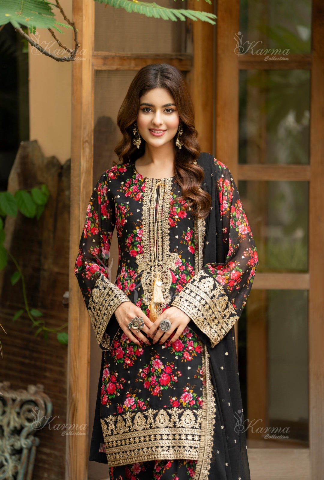 Karma Embroidered Chiffon Shirt with Matte Thread Work KNC 08