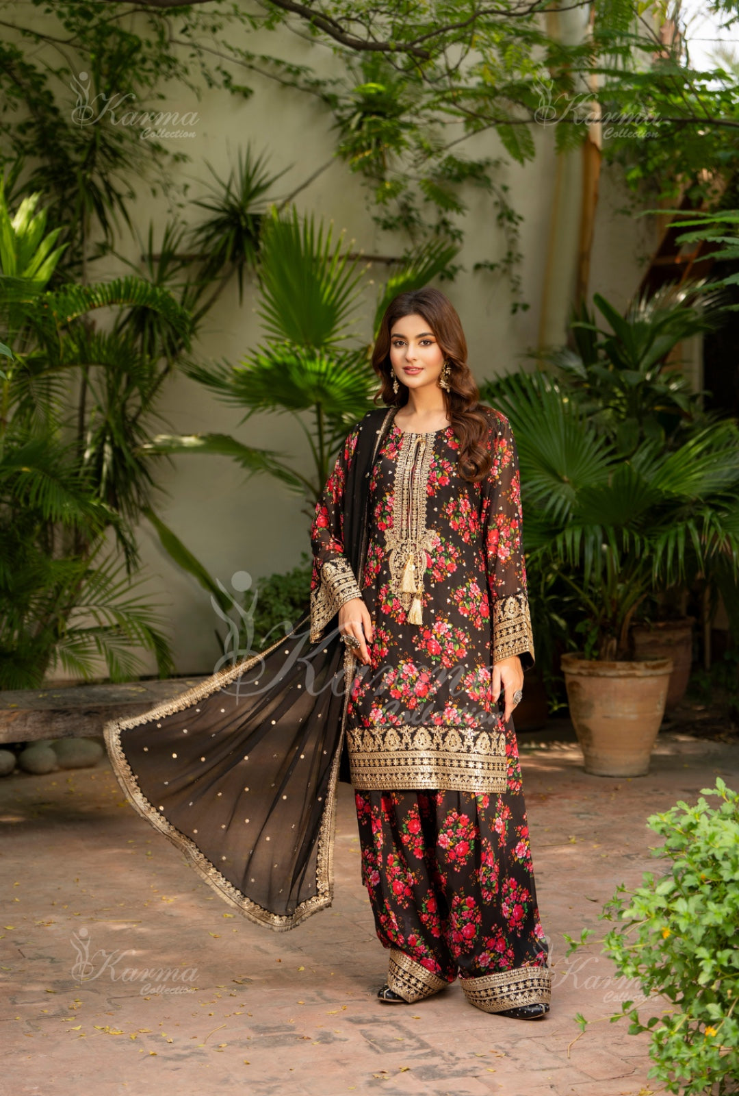 Karma Embroidered Chiffon Shirt with Matte Thread Work KNC 08