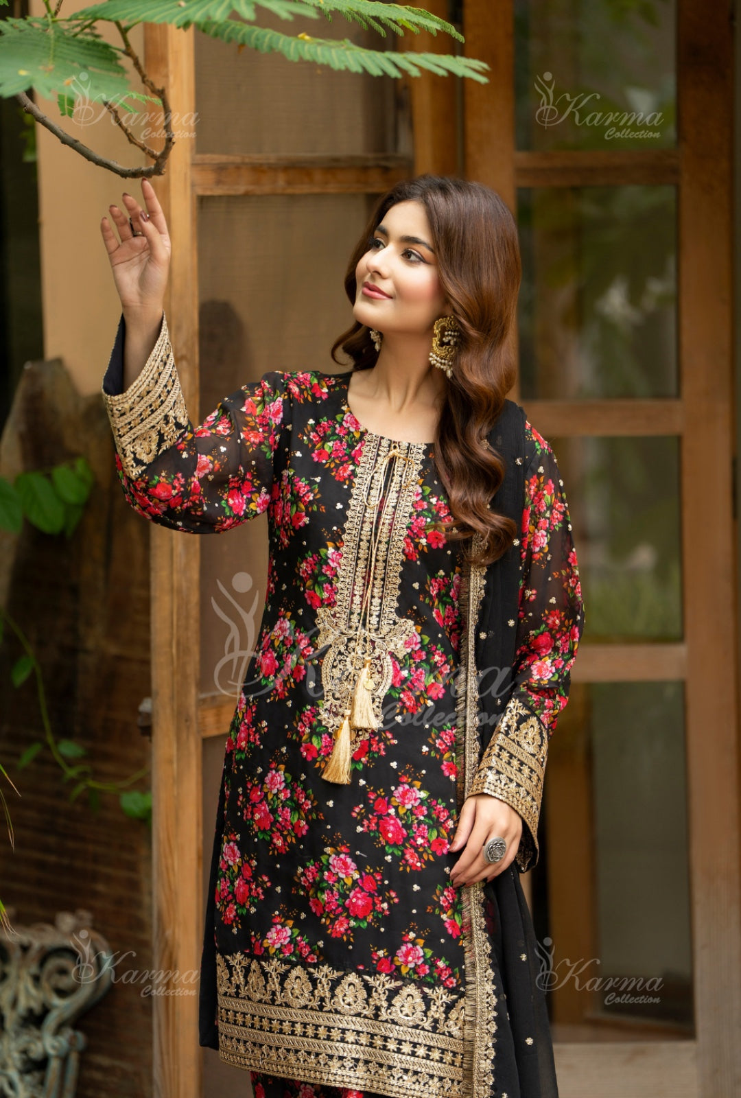 Karma Embroidered Chiffon Shirt with Matte Thread Work KNC 08