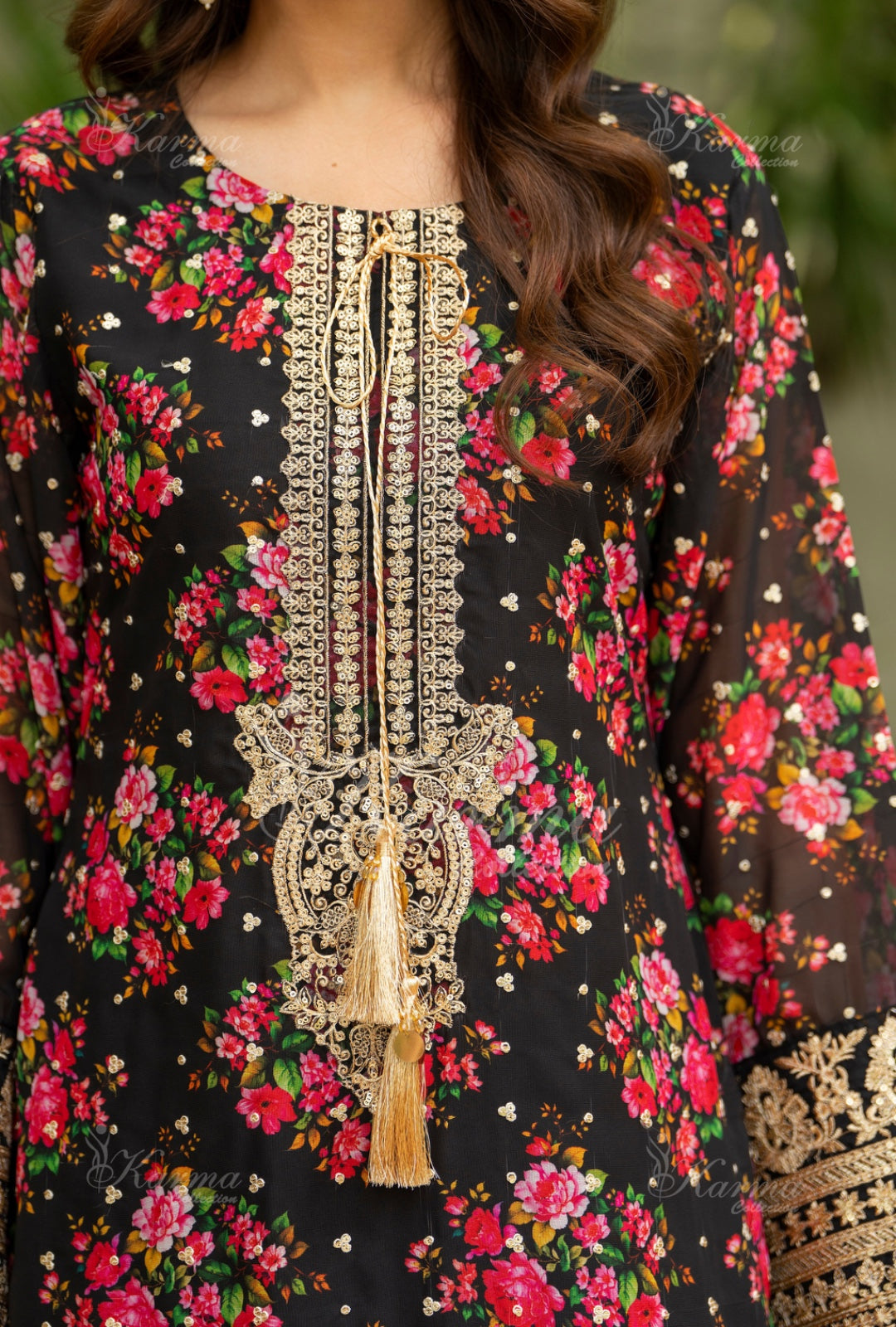 Karma Embroidered Chiffon Shirt with Matte Thread Work KNC 08