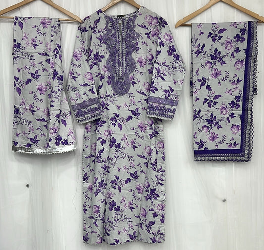 Saara Premium Embroidered 3PC Ready-to-Wear Linen Outfit with Linen Shawl SN02