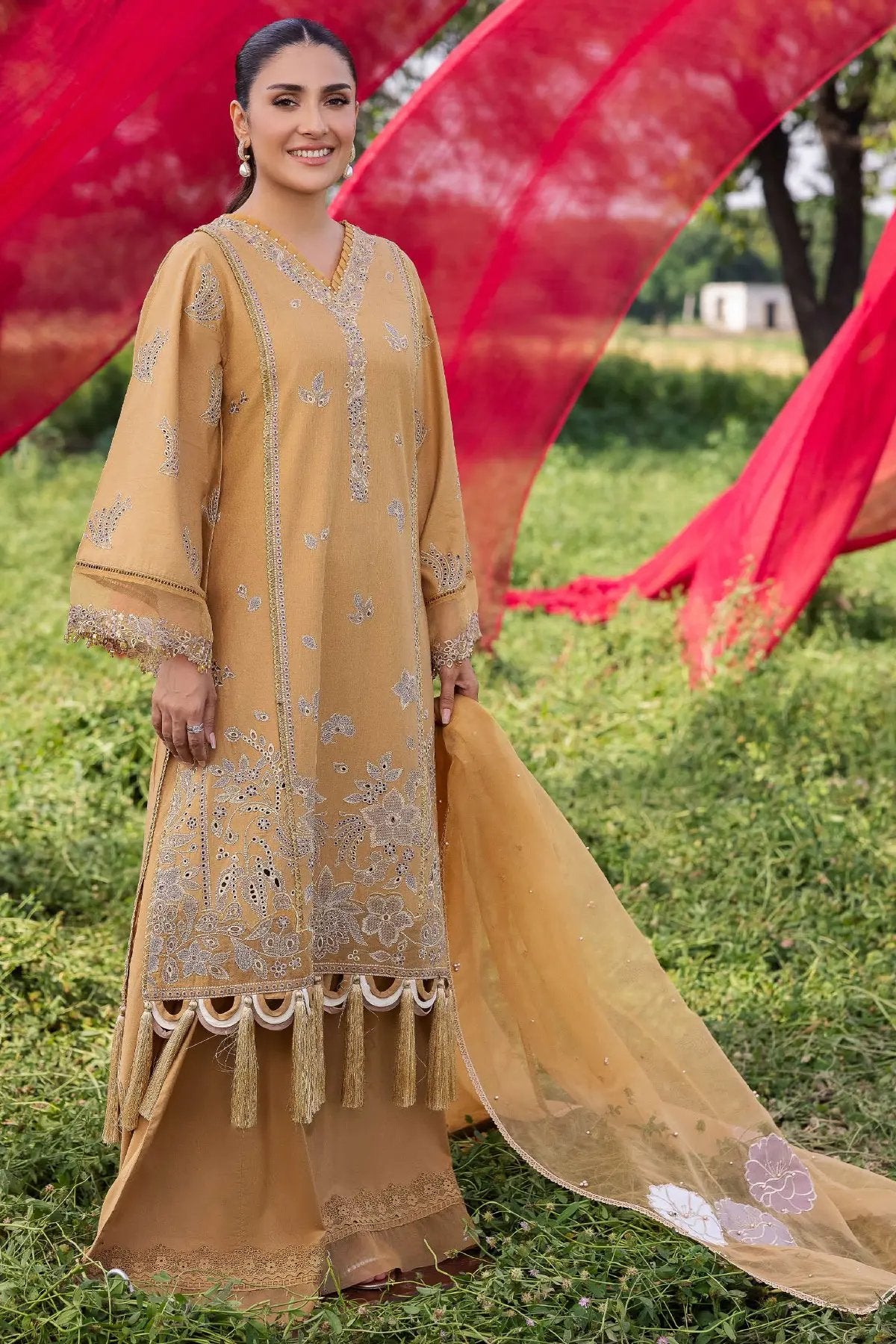 SIMRANS Heer premium 3 piece mummy & me Ledies Eid Mustard outfit 1027